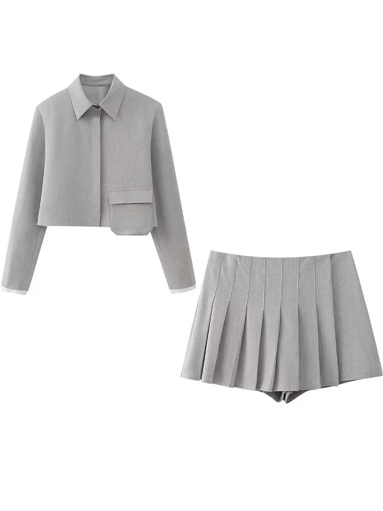 2 Piece Set Grey Single Breasted Lapel Neck Shirts & Vintage Side Zipper Skorts