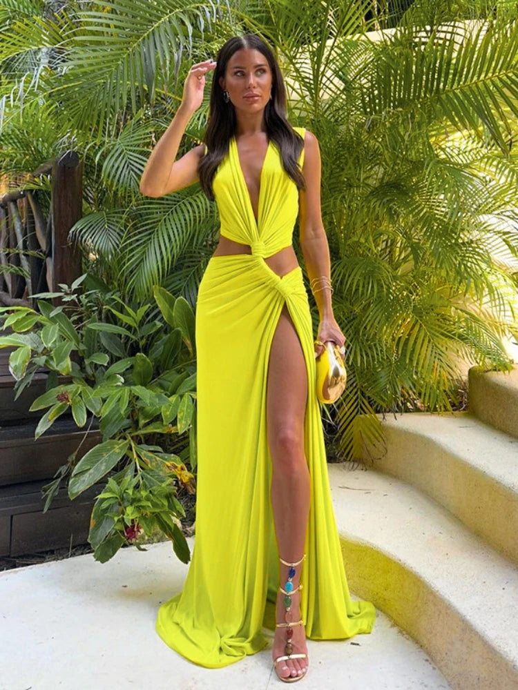 Sexy Deep V Cut Out Slit Maxi Dress