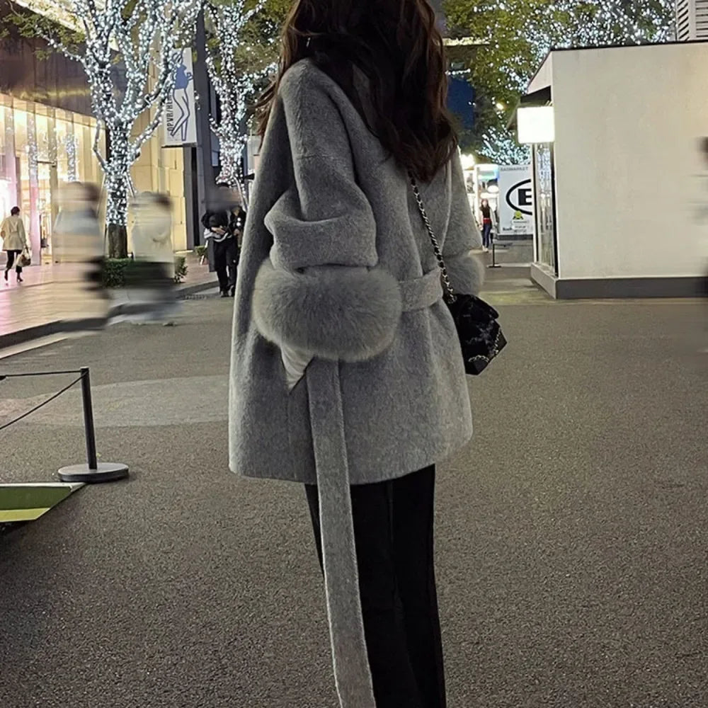 Real Wool Fur Coat Women's Removable Cuffs Fox Fur