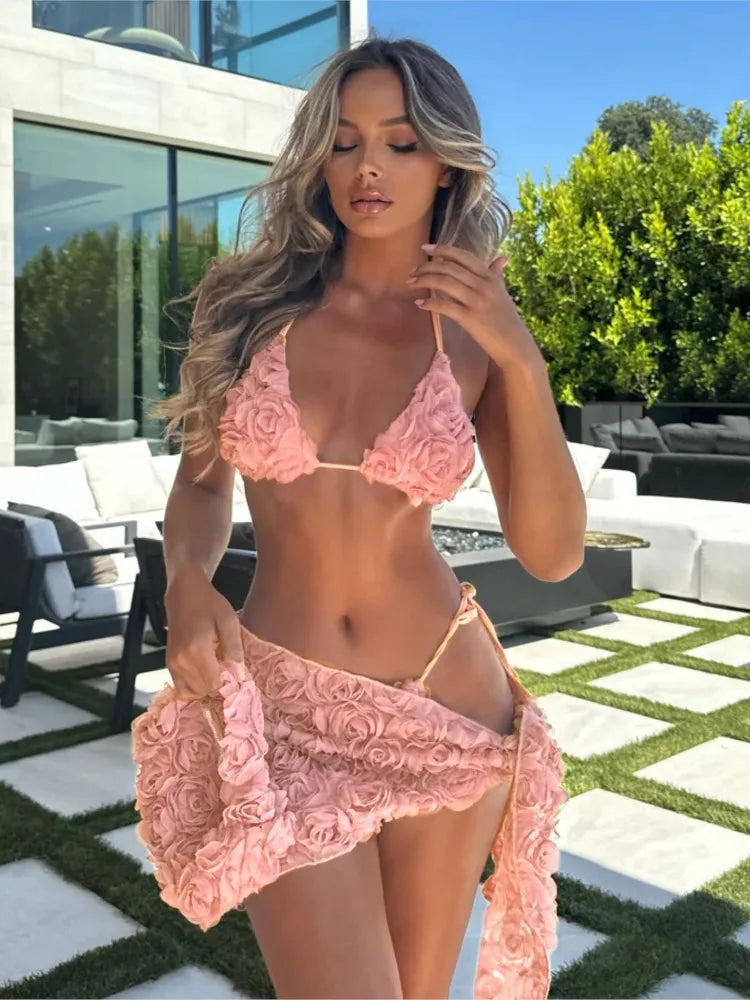 pink flower 3D bikini with sarong