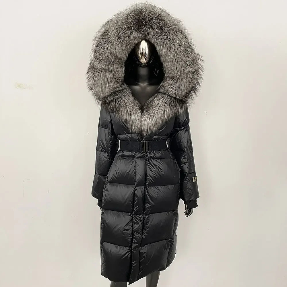 long coat with fox fur hood and belted waist