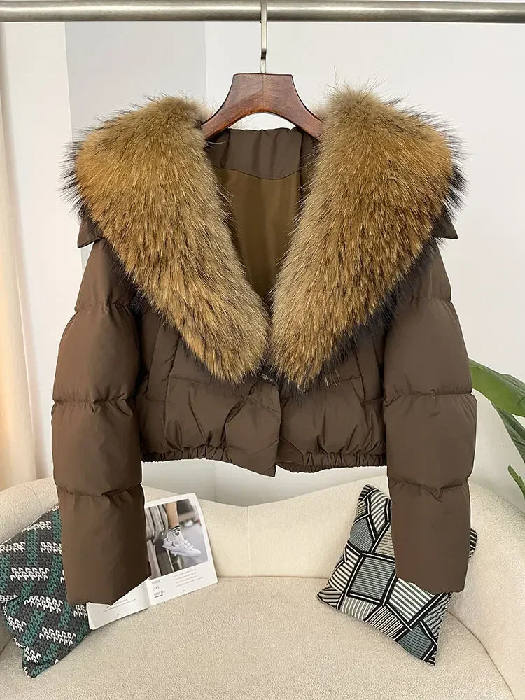 cropped duck down winter coat with real fox fur