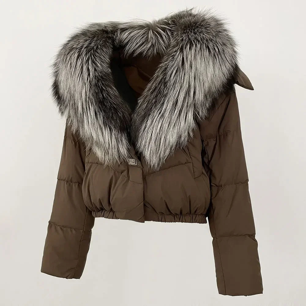 cropped duck down winter coat with real fox fur