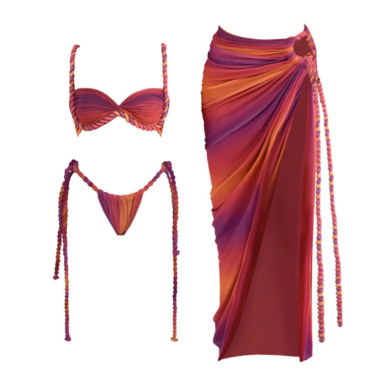 3 piece multi colour Knot Bikini With Cover Up