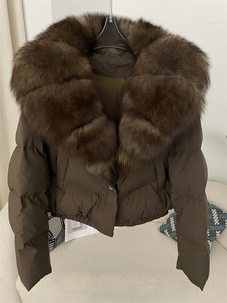 cropped duck down winter coat with real fox fur