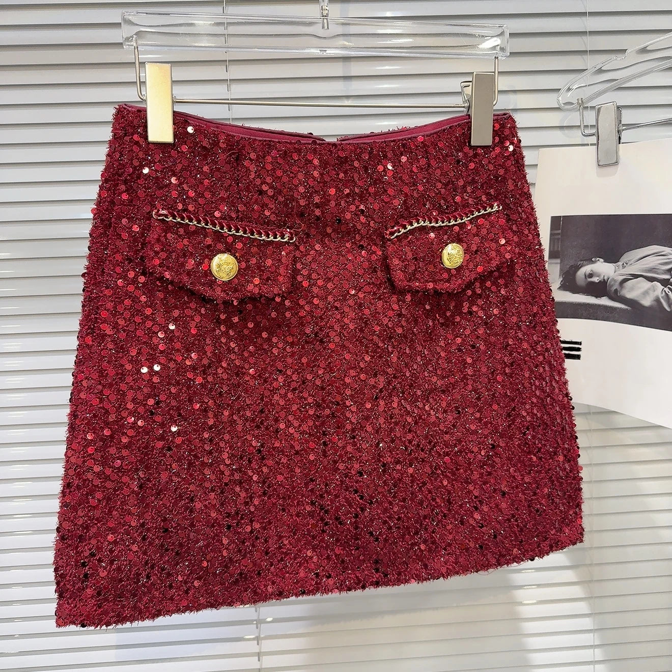 Metal Buttons Pockets Sequins Tweed Skirt