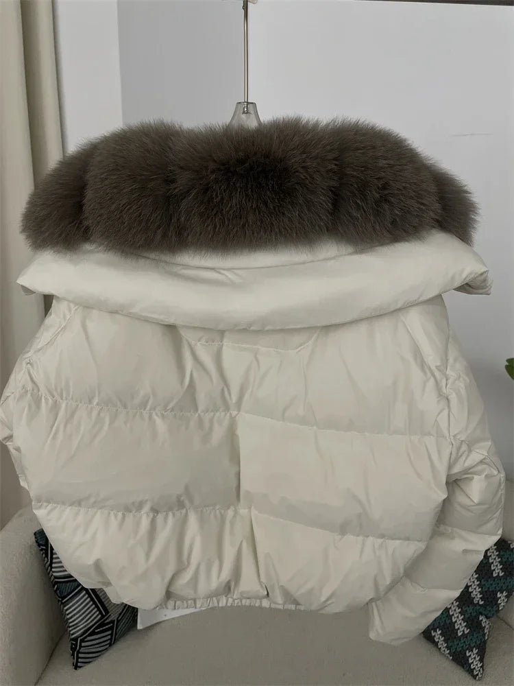 cropped duck down winter coat with real fox fur