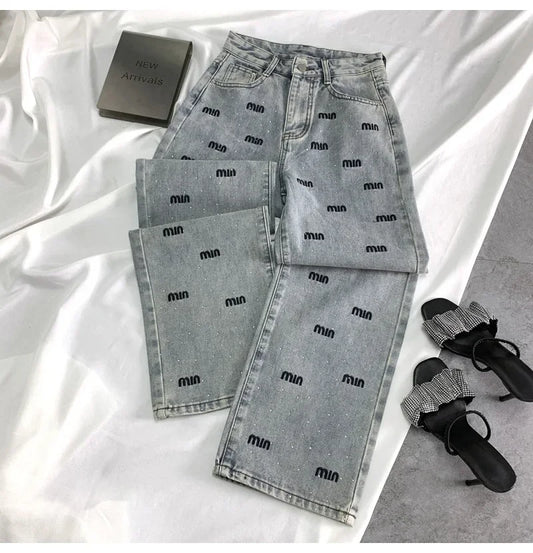 Narrow Letter Hot Diamond High Waisted Denim Straight Leg