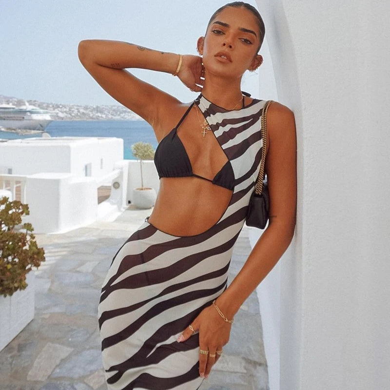 Zebra Long Beach Dress Cover-Up Transparent Mesh