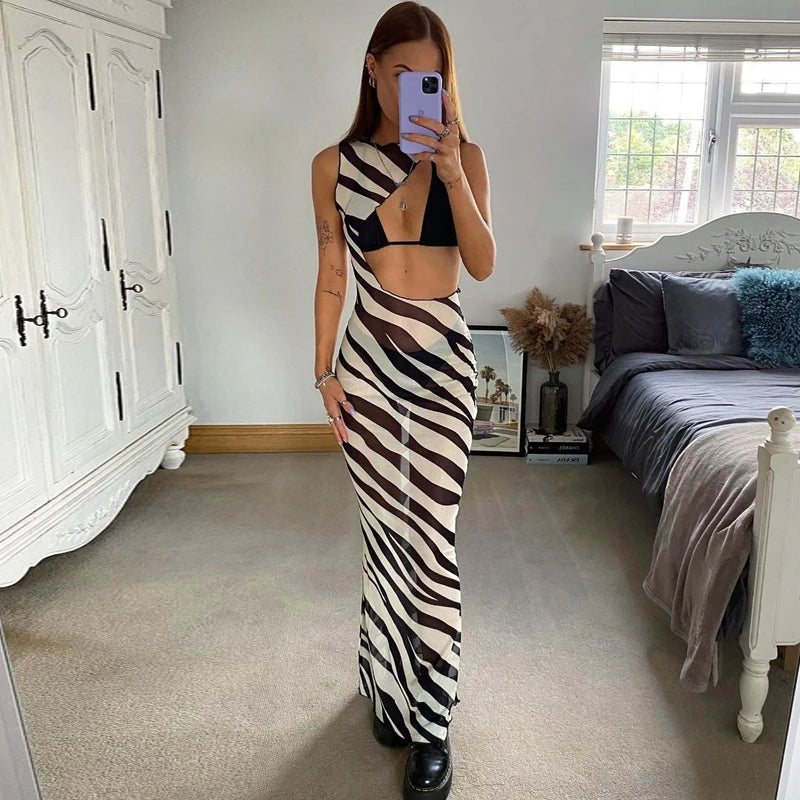 Zebra Long Beach Dress Cover-Up Transparent Mesh