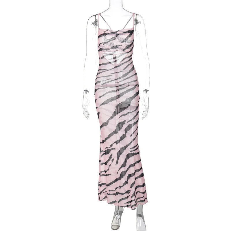 Zebra Long Beach Dress Cover-Up Transparent Mesh