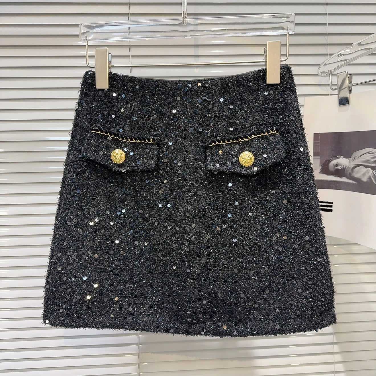 Metal Buttons Pockets Sequins Tweed Skirt