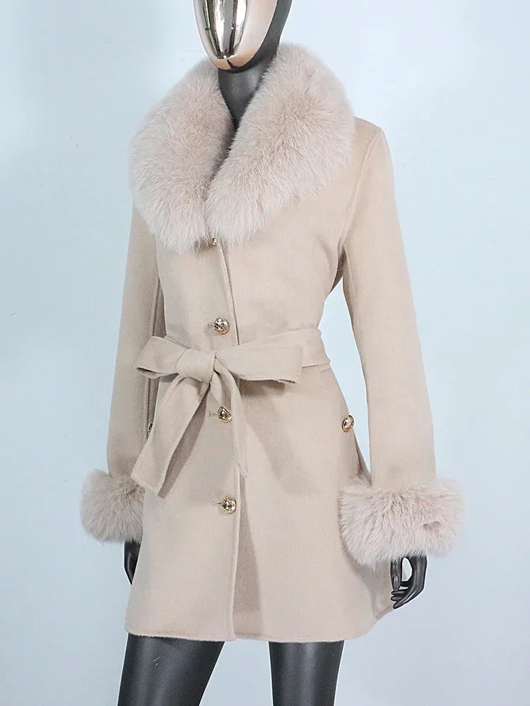 Long Winter Jacket Women Cuffs Belt Cashmere Real Fur Coat Natural Fox Fur Collar