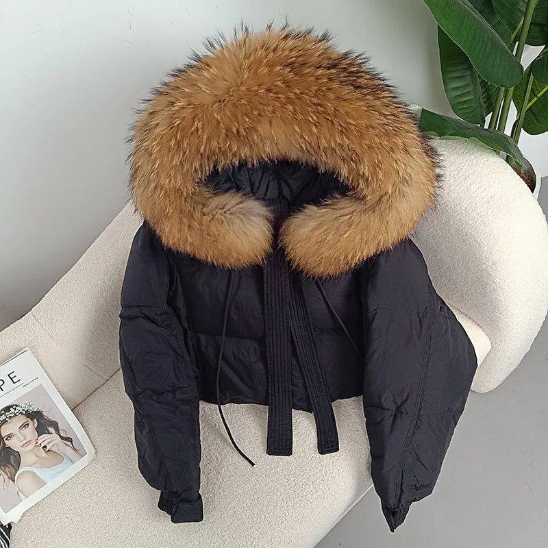 cropped Real Fox Fur and Raccoon Fur Collar detachable hood