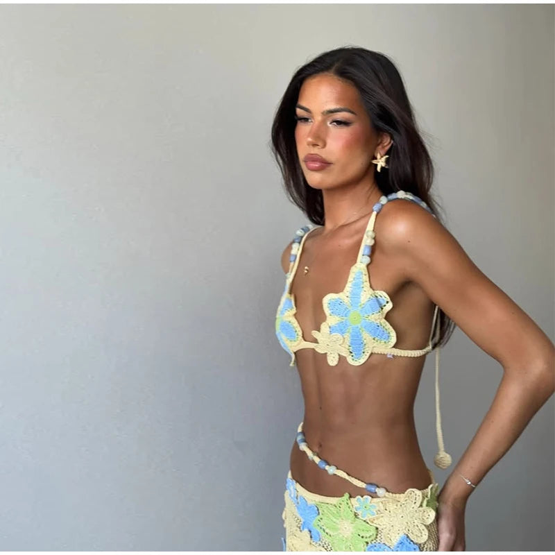 Flower crochet maxi skirt, vest top and bikini top