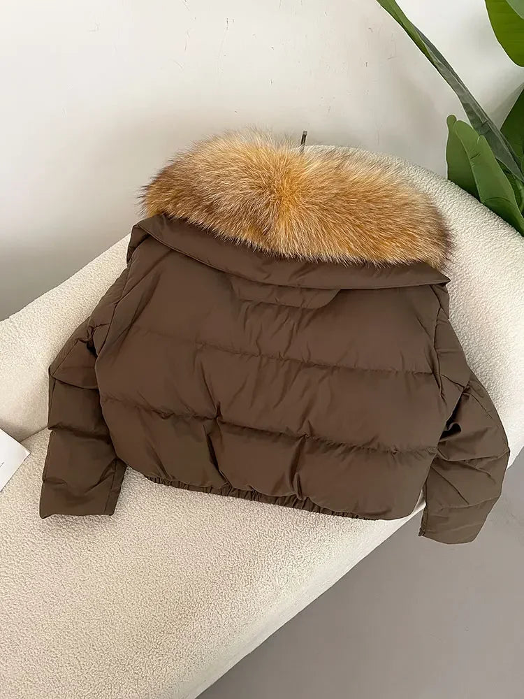 cropped duck down winter coat with real fox fur