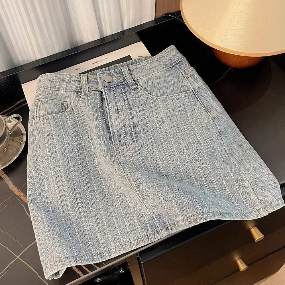 Rhinestone Denim Skirt Female