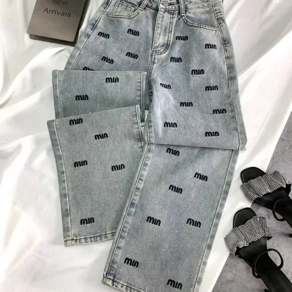 Narrow Letter Hot Diamond High Waisted Denim Straight Leg