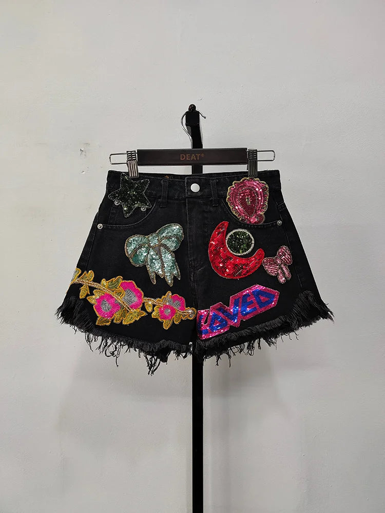 Embroidery Patch Raw Denim Shorts