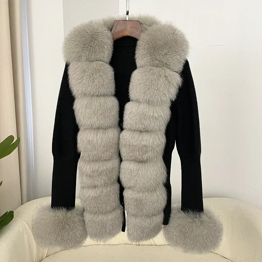 Real fox Fur Cardigan Detachable Collar