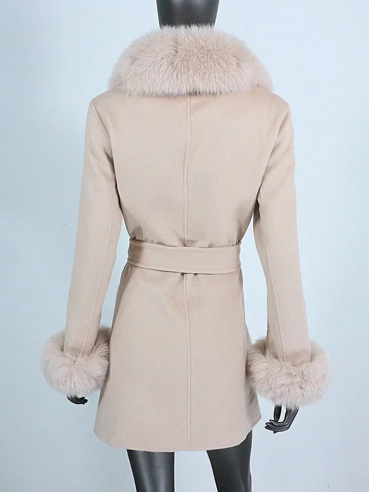 Long Winter Jacket Women Cuffs Belt Cashmere Real Fur Coat Natural Fox Fur Collar