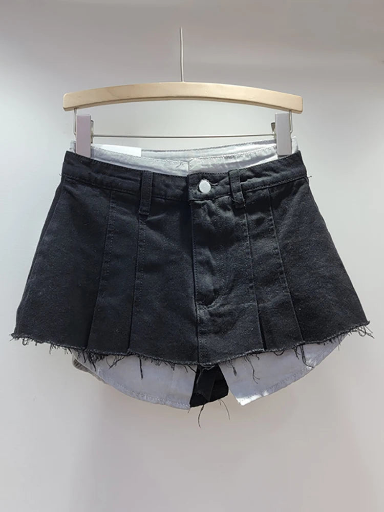 Denim Skirt High Waist Pleated Patchwork Contrast Color