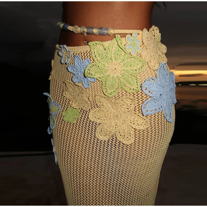 Flower crochet maxi skirt, vest top and bikini top