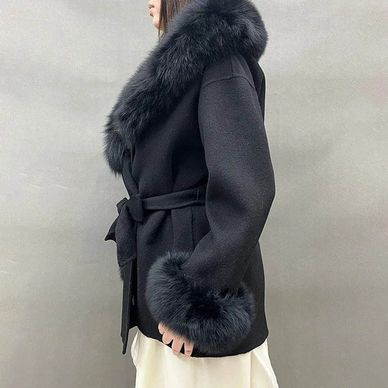 Lady Winter Trench Coats Real Fox Fur Collar