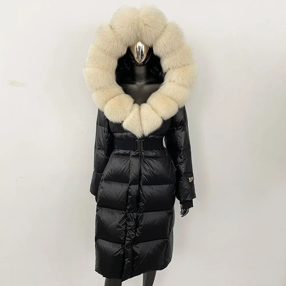 long coat with fox fur hood and belted waist