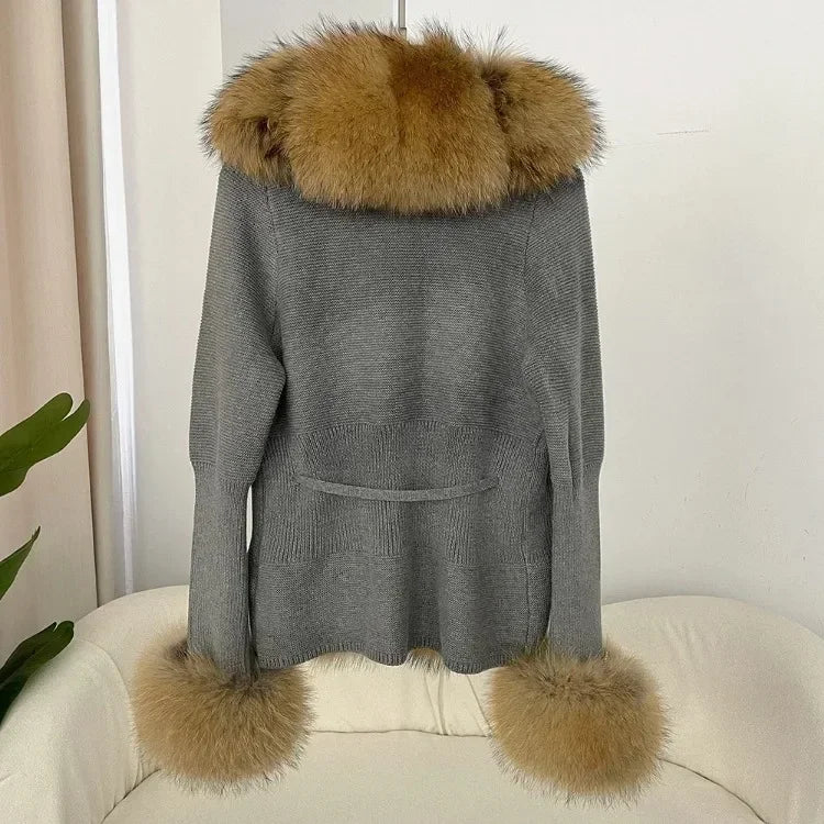 Real fox Fur Cardigan Detachable Collar