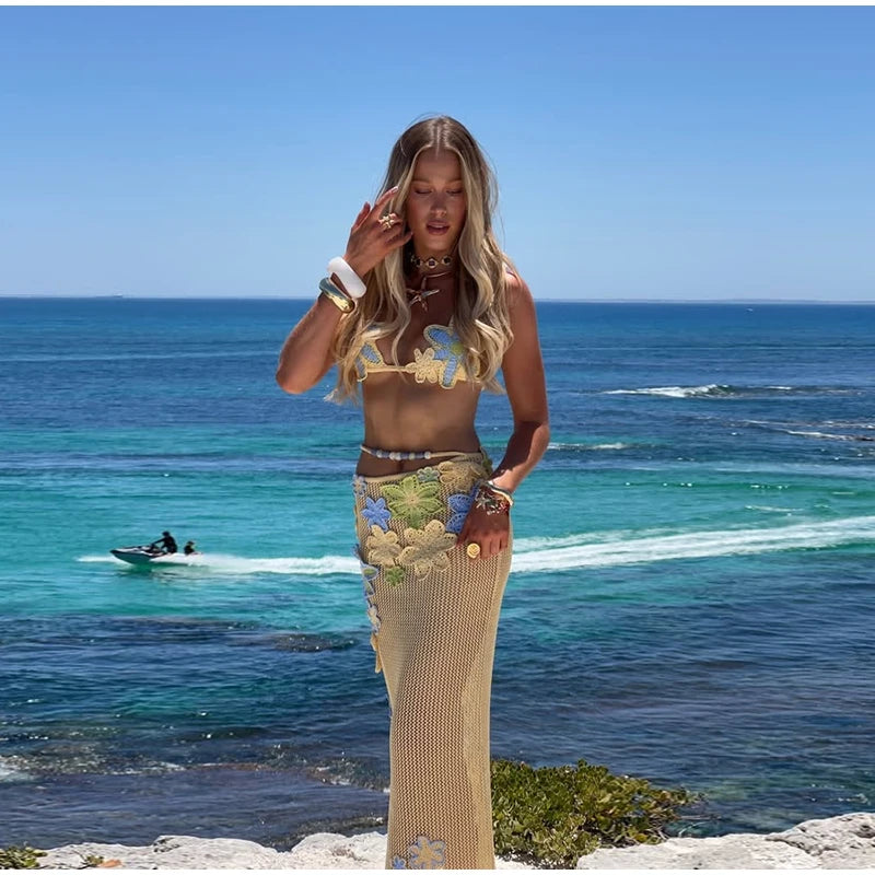 Flower crochet maxi skirt, vest top and bikini top