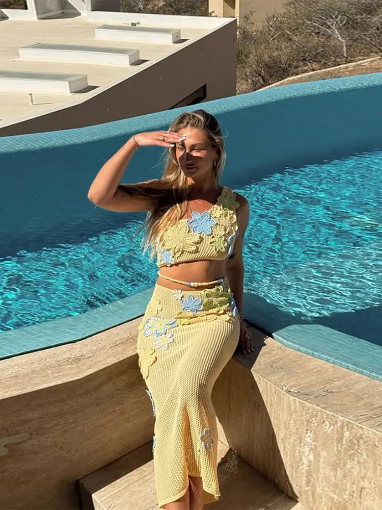 Flower crochet maxi skirt, vest top and bikini top