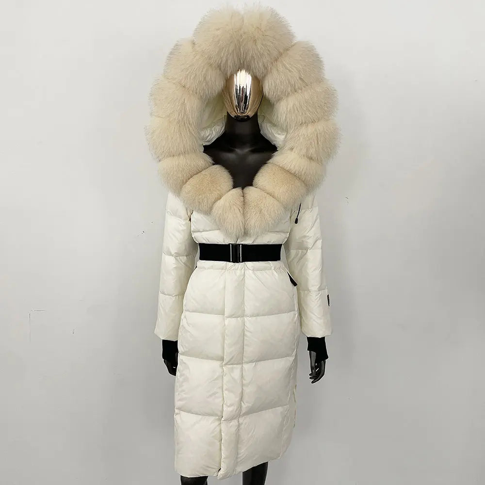 long coat with fox fur hood and belted waist