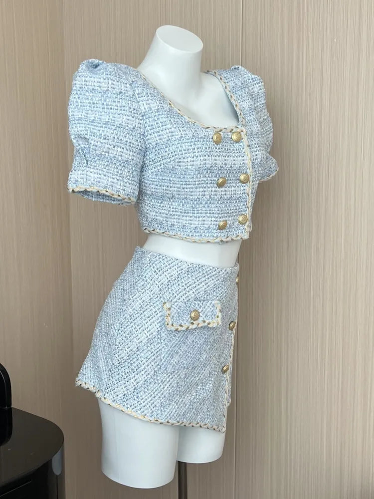 Blue Tweed Sets Women Outfits Puff Sleeve