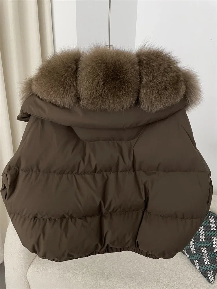 cropped duck down winter coat with real fox fur