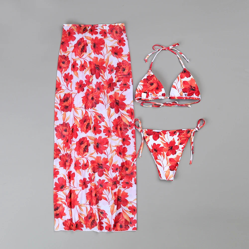 Flower Print 3 Pieces Bikini Set with Cover-up