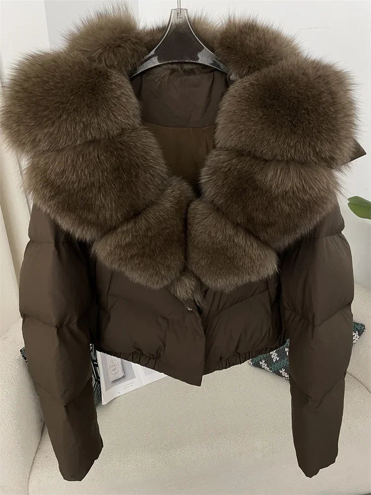 cropped duck down winter coat with real fox fur