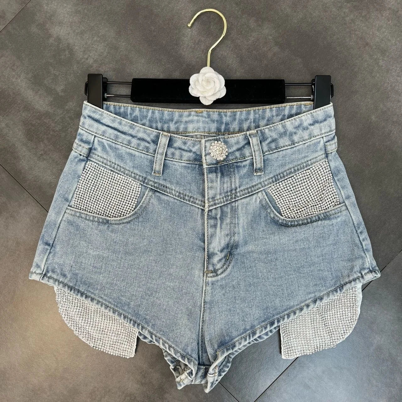 Rhinestone Pockets Light Blue Denim Shorts