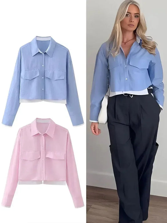 cropped Blouse Shirt Women Long Sleeve