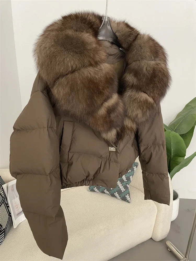 cropped duck down winter coat with real fox fur