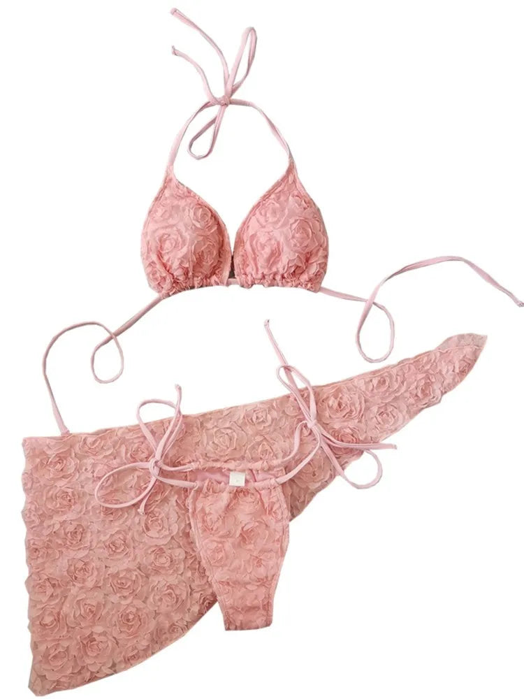 pink flower 3D bikini with sarong