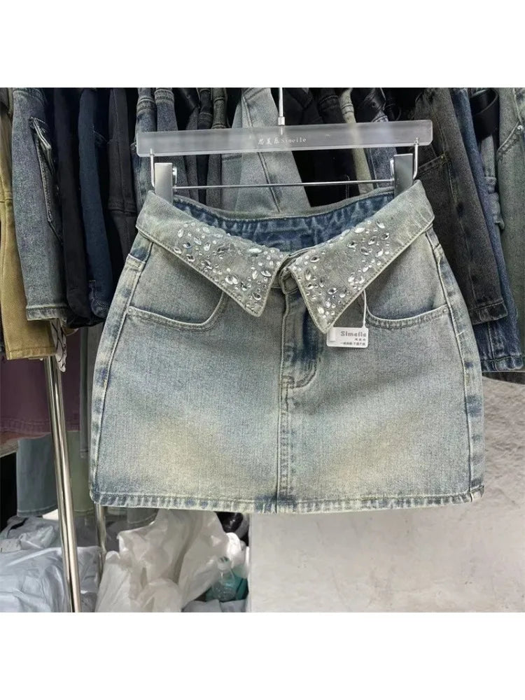 Rhinestones Short Jean Skirt