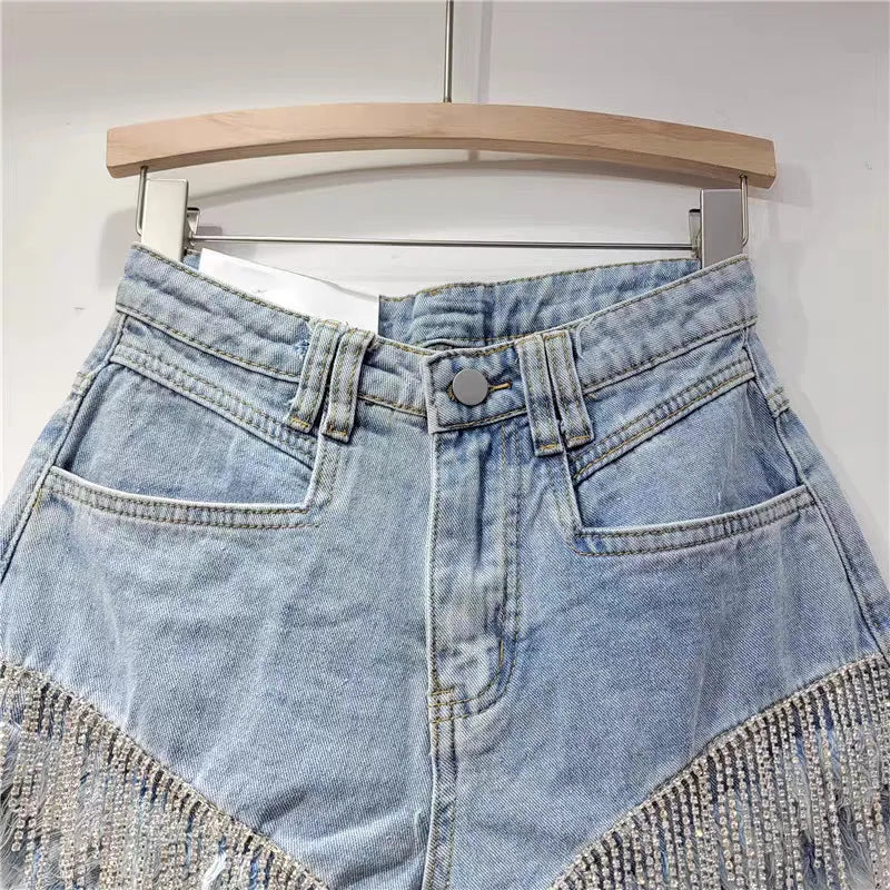 denim shorts rhinestone design