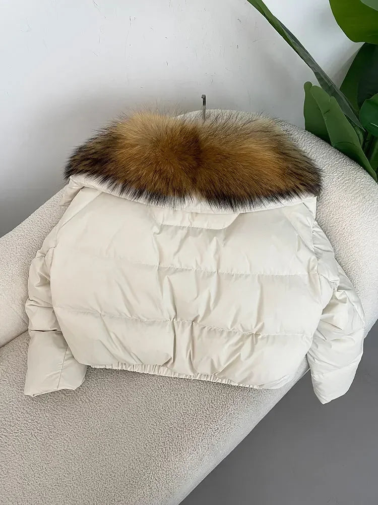 cropped duck down winter coat with real fox fur