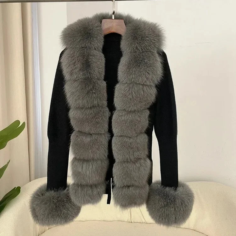 Real fox Fur Cardigan Detachable Collar