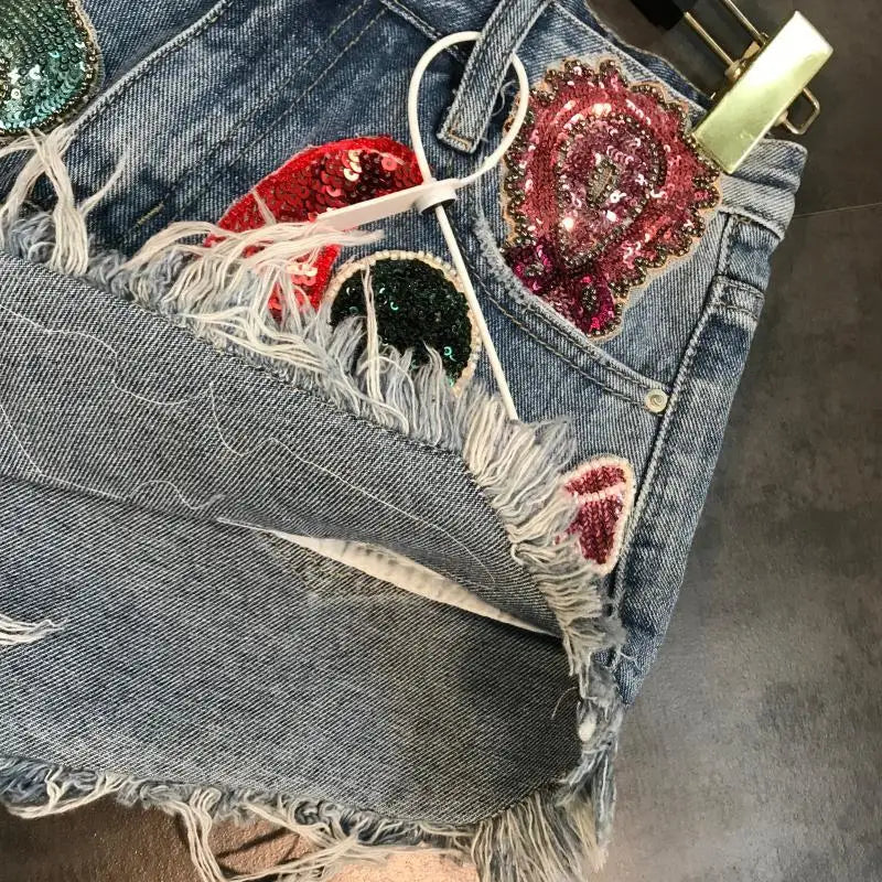 Embroidery Patch Raw Denim Shorts