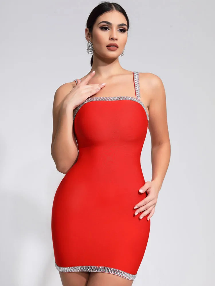 Luxury Red Crystal Mini Bandage Dress