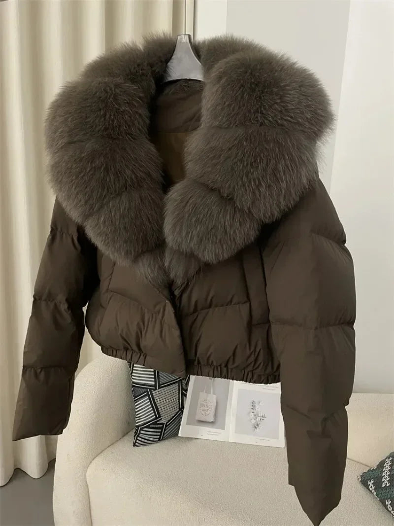 cropped duck down winter coat with real fox fur