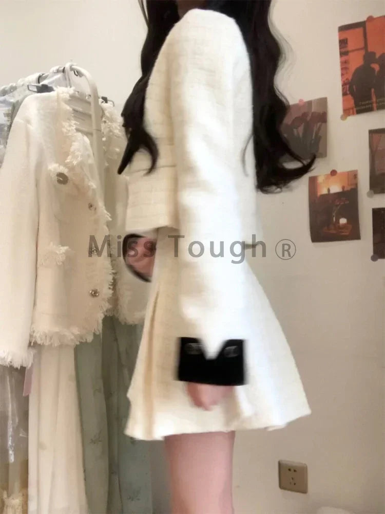 Two Piece Set Women Bow Short Coat + High Waisted Pleated Skirt