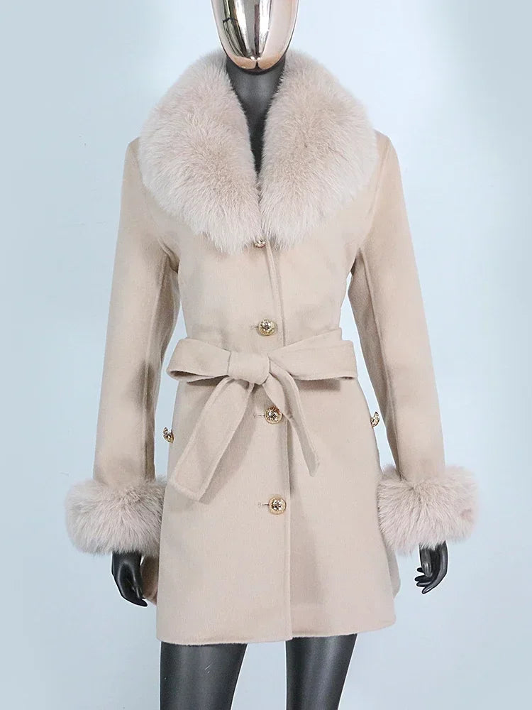 Long Winter Jacket Women Cuffs Belt Cashmere Real Fur Coat Natural Fox Fur Collar